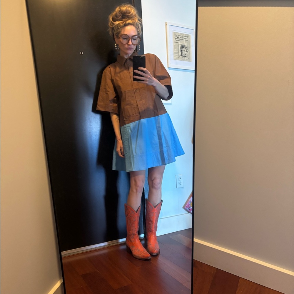 NWT Colorblock Brown & Light Blue Short Dress small cotton